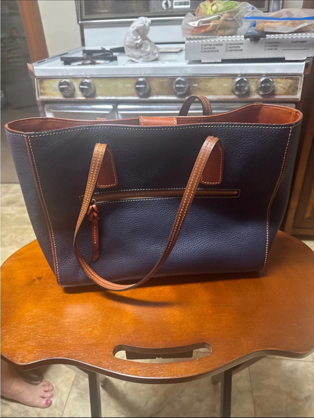 Dooney & Bourke Navy Pebbled Tote with Brown Trim - Picture 2 of 5